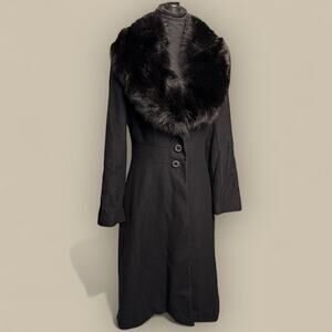 Vtg Womens Size 6 Small Wool Long Dress Coat Fox Fur Collar Black Goth Victorian